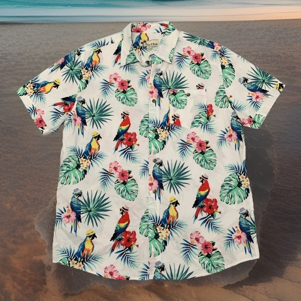 OLIVER & BURKE Shirt Tropical Leaf Parrots Hawaiian Button Up Short Sleeve Men L